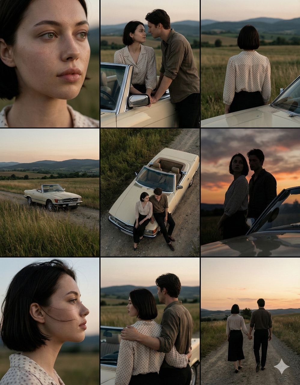 A cinematic 3×3 grid of film-still frames featuring the same couple dur…