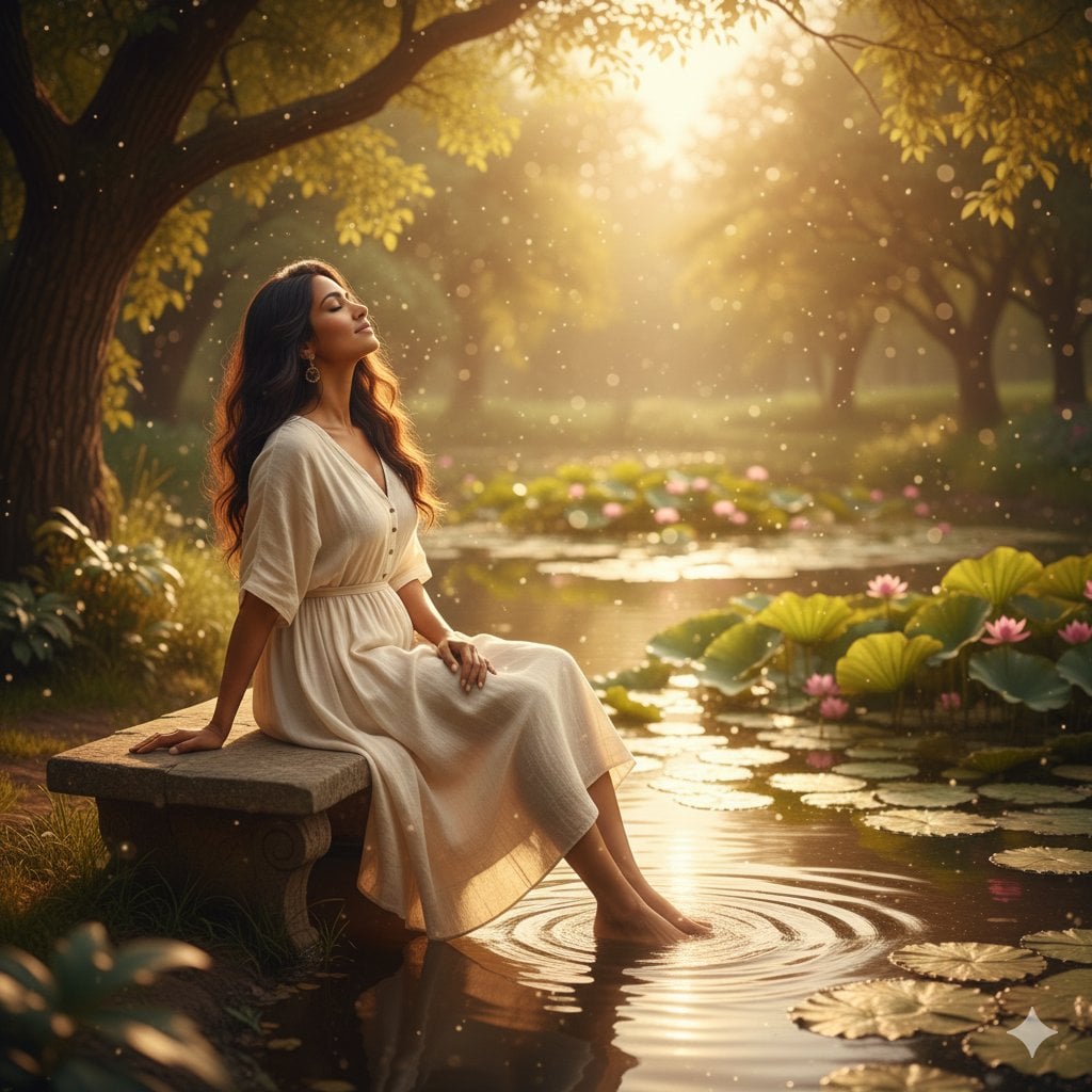 unfolds beside a tranquil pond, where gentle ripples catch the warm, go…