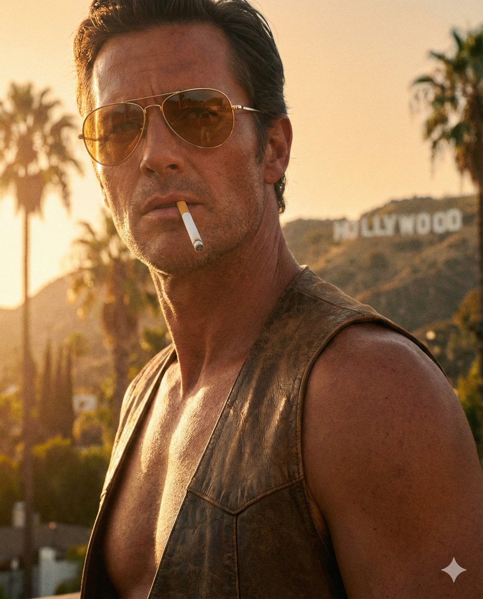 Shirtless male subject, hyper-realistic skin texture, deep tan, 1970s H…