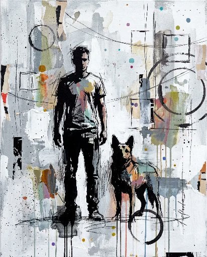 Contemporary mixed-media urban painting of [Human Name], wearing [Cloth…
