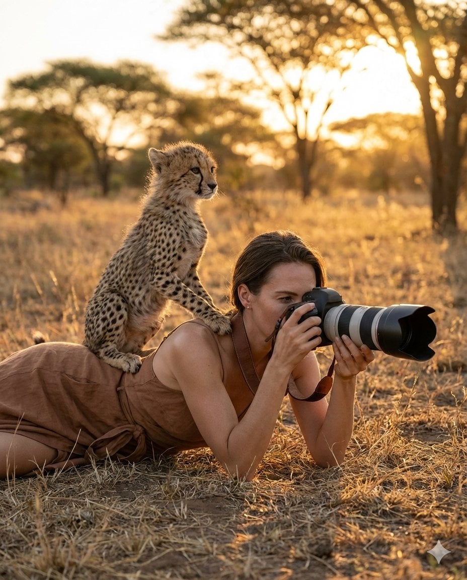Ultra-realistic wildlife photography scene: An elegant woman in a minim…
