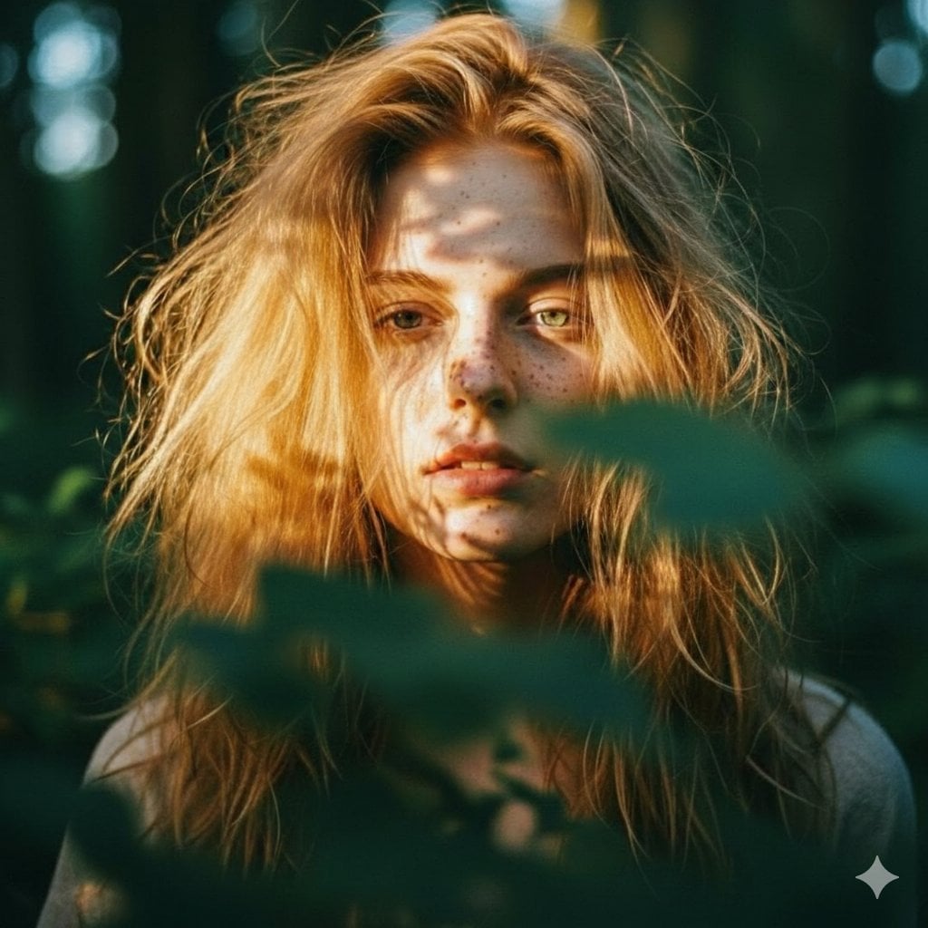 Close-up portrait of a young woman with messy, voluminous strawberry bl…