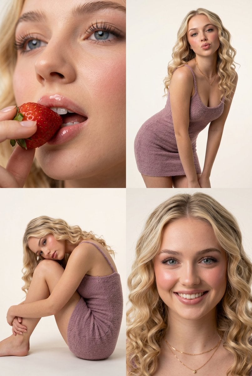 Ultra-photorealistic 8K studio portrait collage of a woman with long, v…