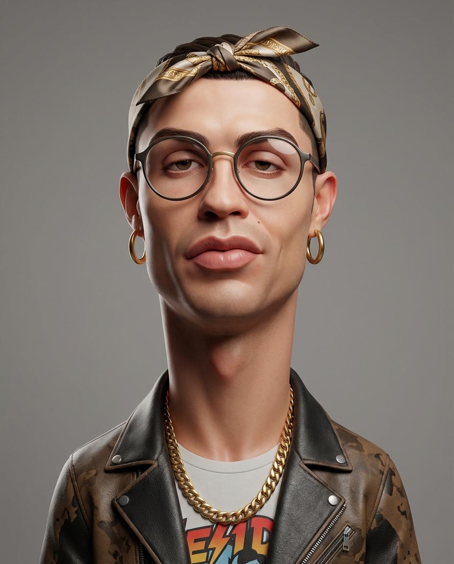 Create an exaggerated stylized 3D caricature character portrait with st…