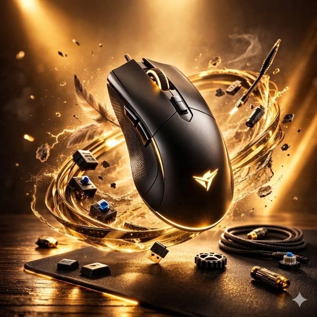 Ultra-realistic gaming mouse floating above a desk, surrounded by glowi…