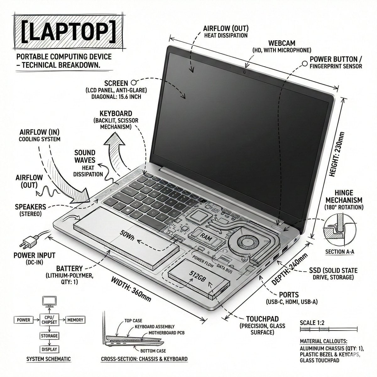Create an infographic image of laptop ,combining a realistic photograph…