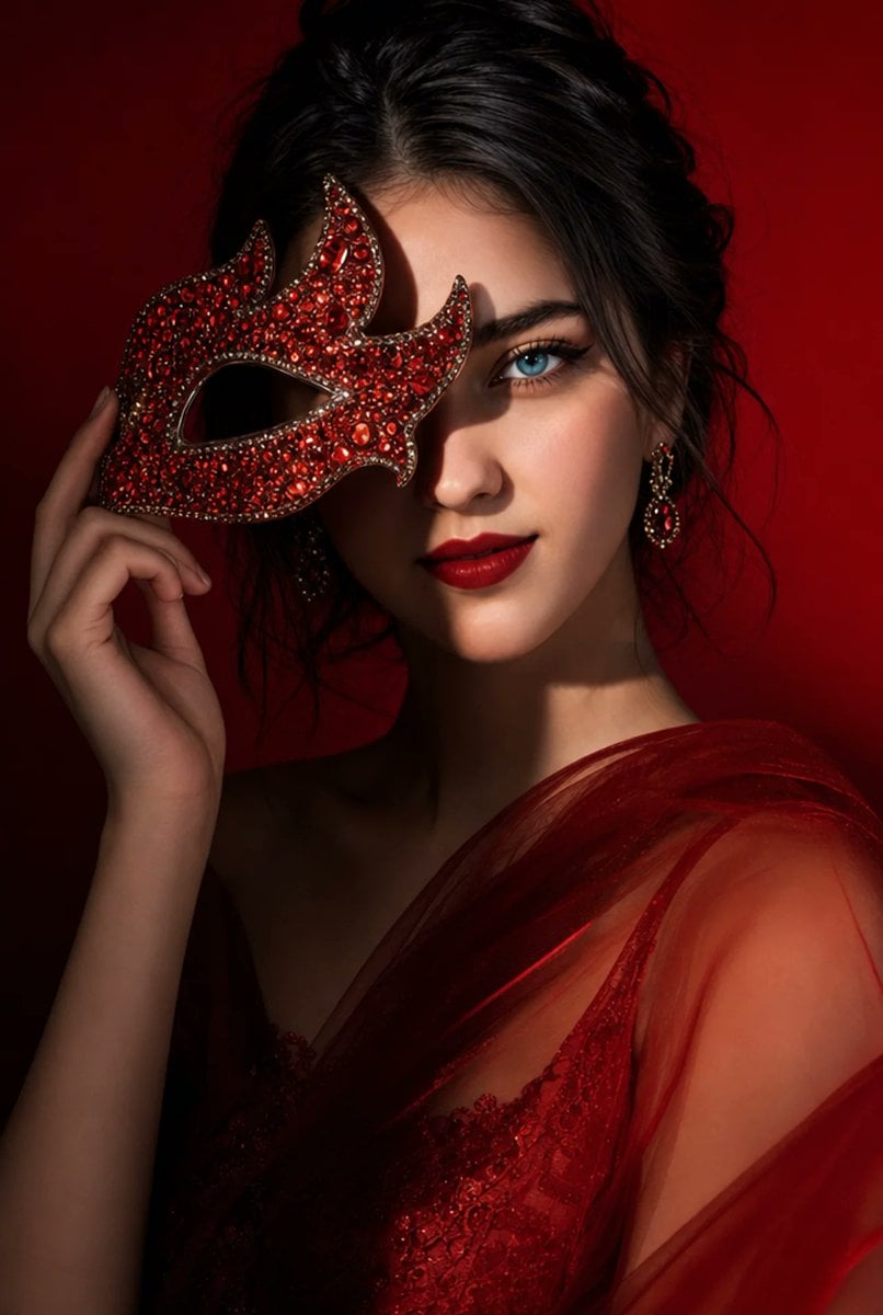 Editorial beauty portrait of a young woman holding a crystal-encrusted …