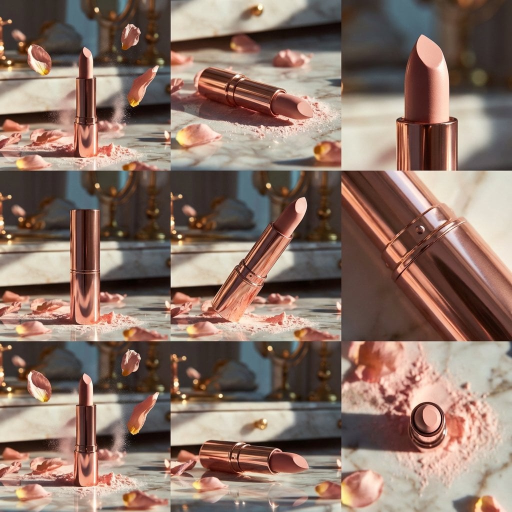 Elegant rose-gold lipstick standing upright on a reflective marble surf…