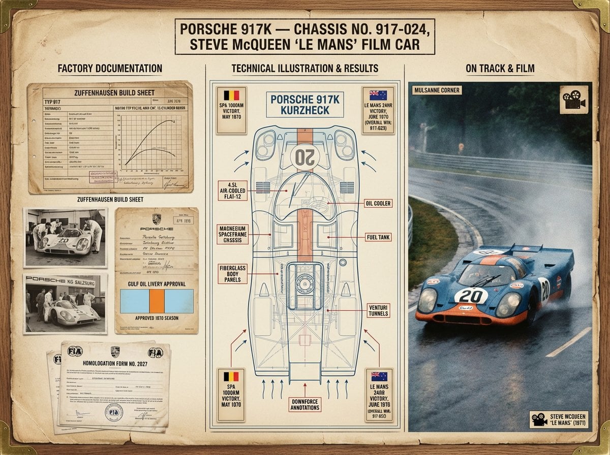 A marque historian's documentation board for [VEHICLE] — [MODEL / VARIA…