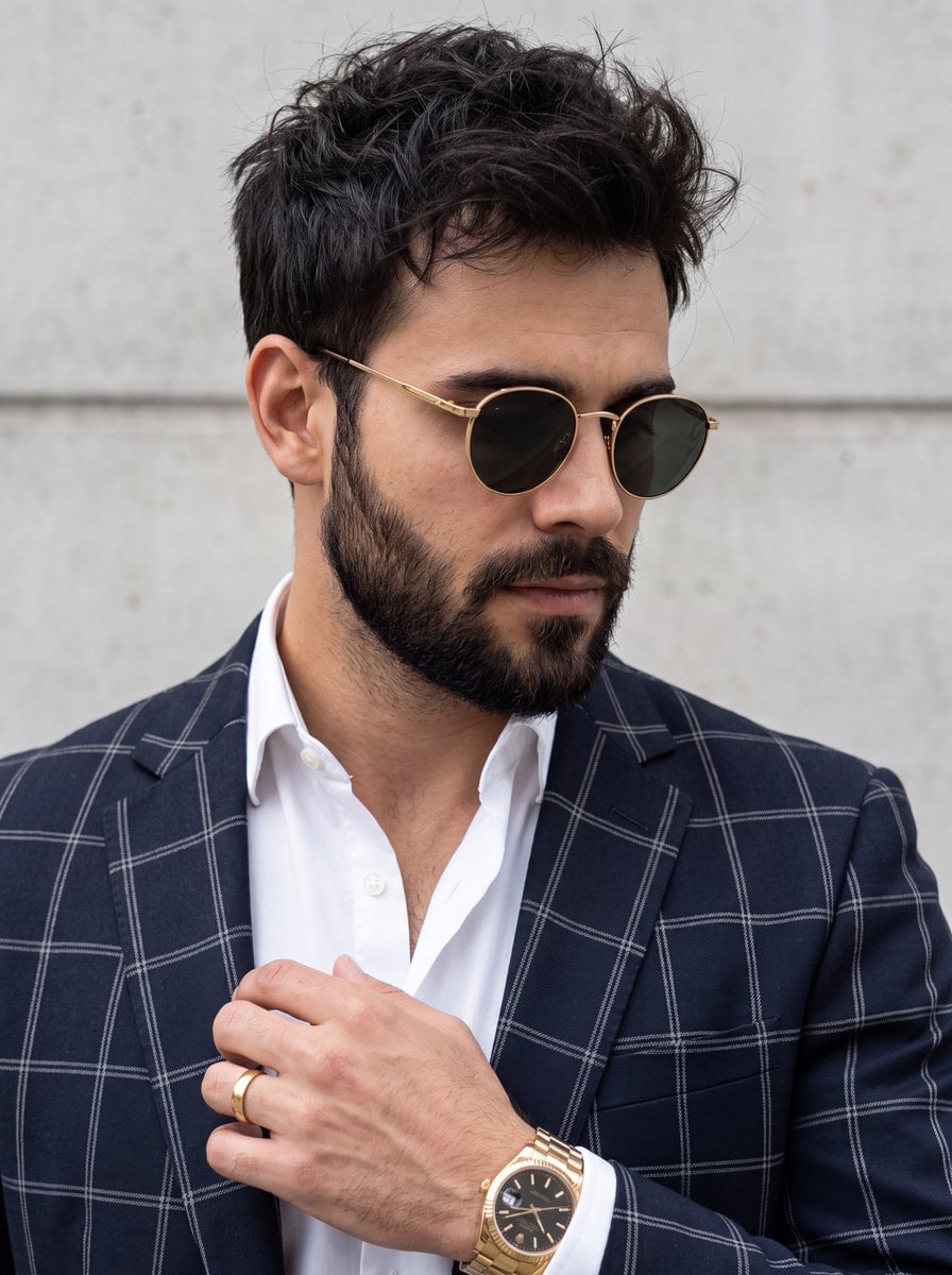 A close-up portrait of a stylish man with a well-groomed beard and dark…