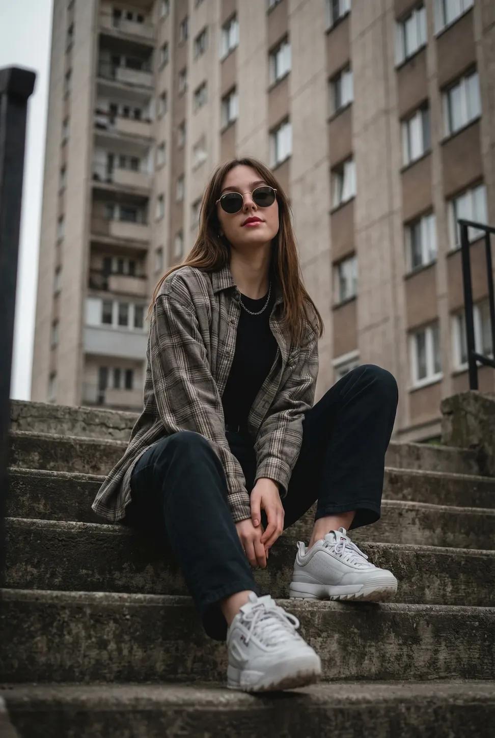 { "subject": "Young woman sitting casually on outdoor concrete stairs, …