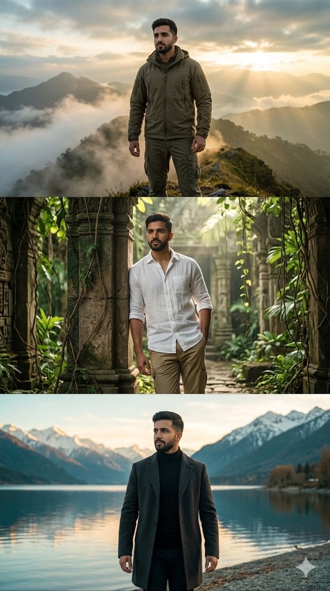Create a hyper-realistic three-panel vertical cinematic collage in 9:16…