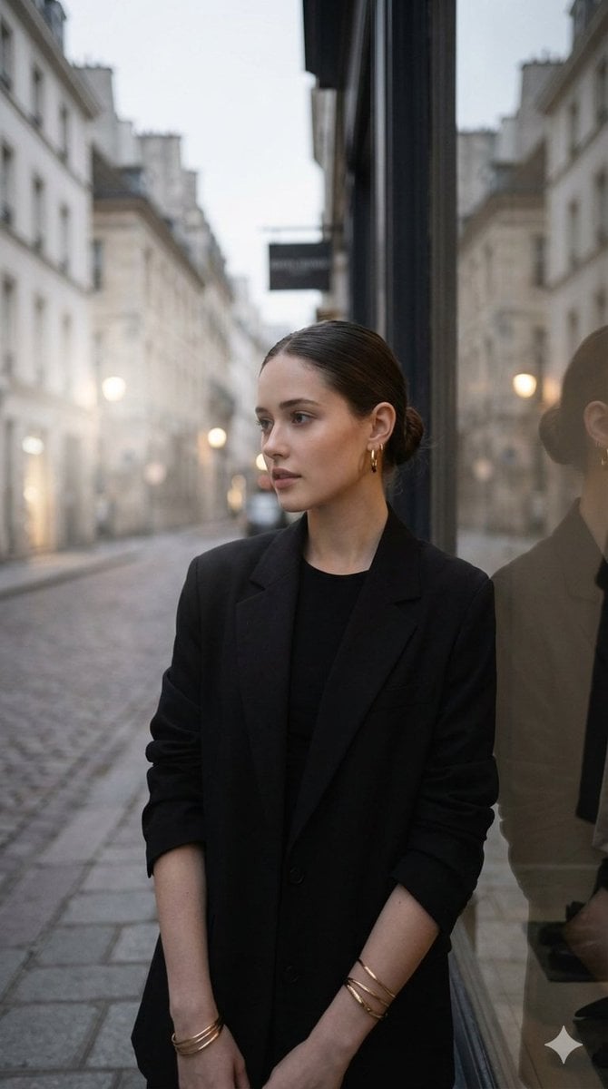 Elegant woman with dark hair in a sleek bun, wearing a structured overs…