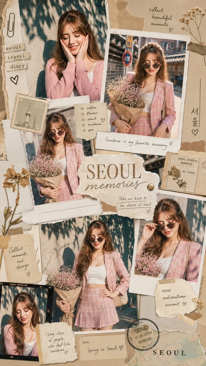Transform the uploaded photo into a stylish aesthetic travel scrapbook …