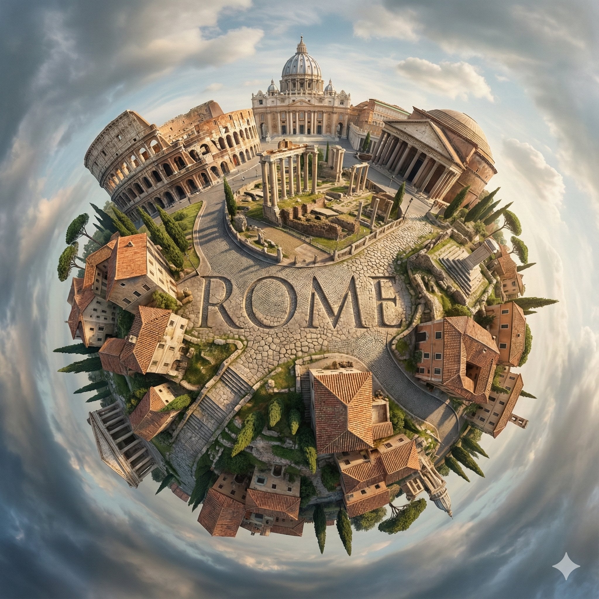 Create a hyperrealistic, surreal spherical panorama of [CITY NAME], wit…