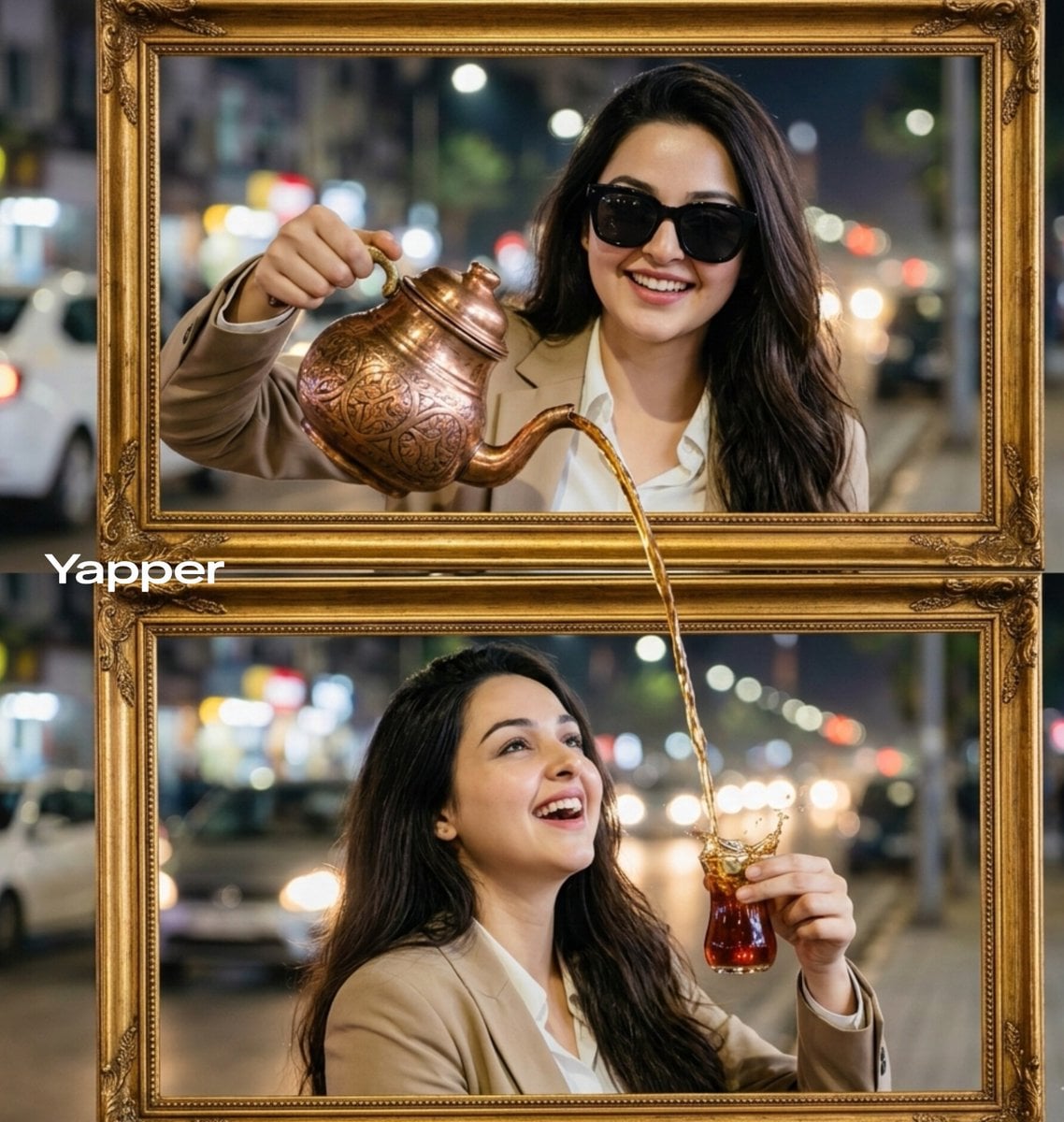 Ultra-realistic cinematic two-frame composition. In the top golden vint…