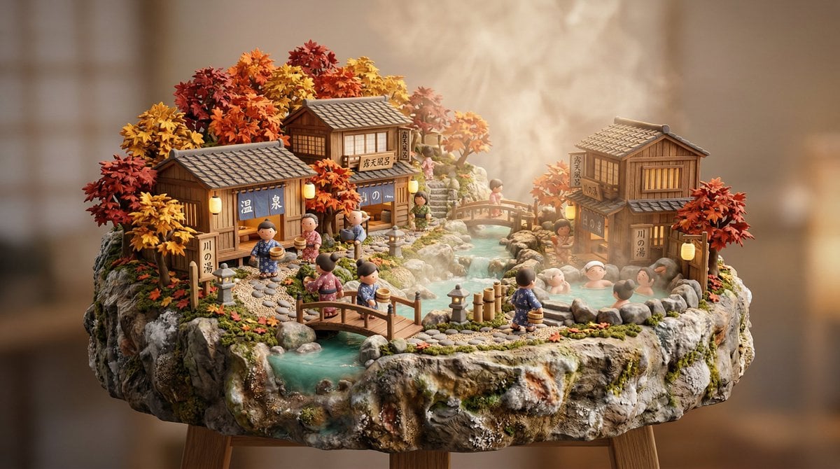 3D miniature scene, a [JAPANESE ONSEN VILLAGE] with [wooden bathhouses,…