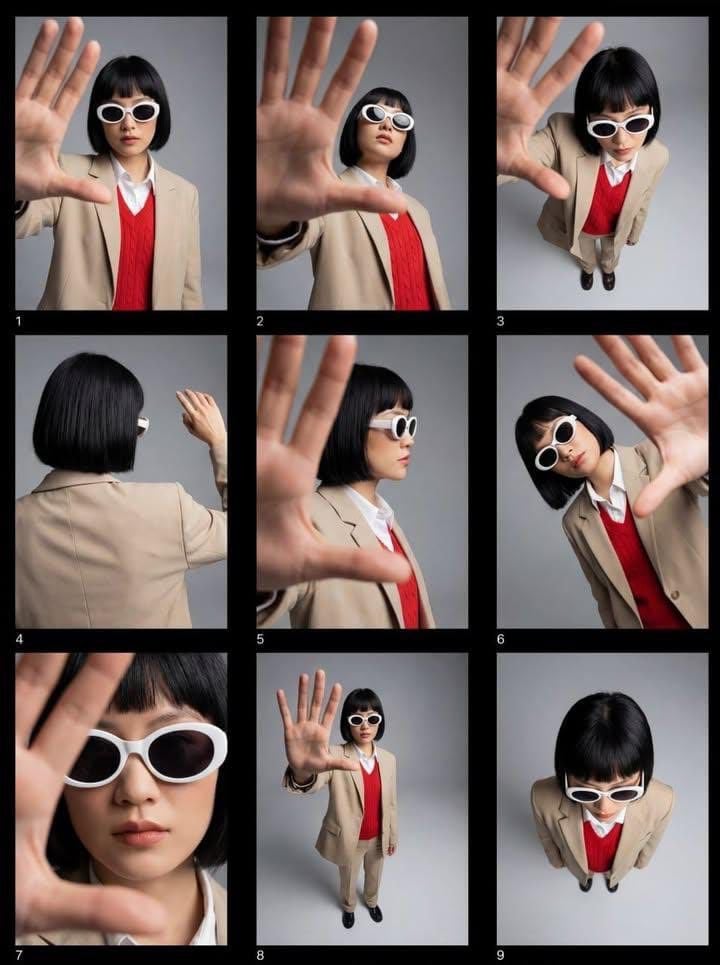 Editorial fashion contact sheet of a modern woman with a sharp black bo…