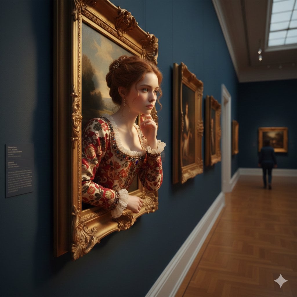 A surreal, ultra-realistic scene of a young woman emerging from an orna…