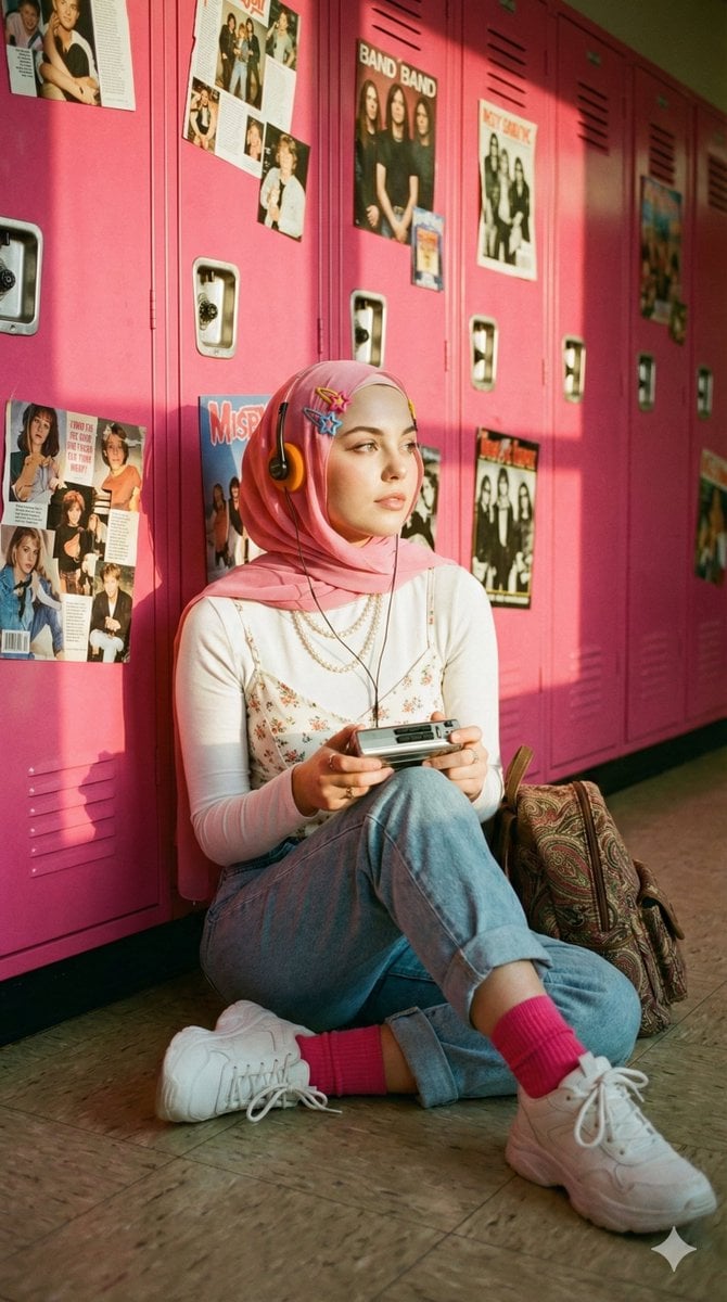 A cinematic, nostalgic portrait of a young hijab woman (use the referen…