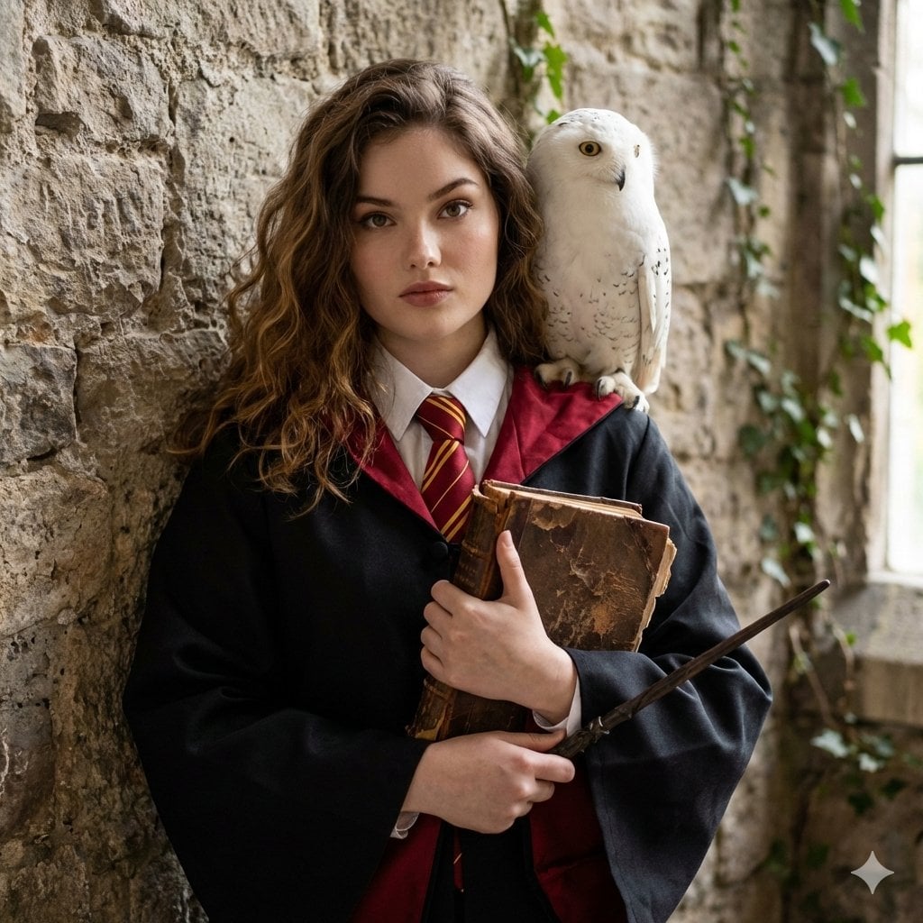 USE UPLOADED PHOTO AS REFERENCE. HOGWARTS-STYLE PHOTOSHOOT. THE GIRL IS…