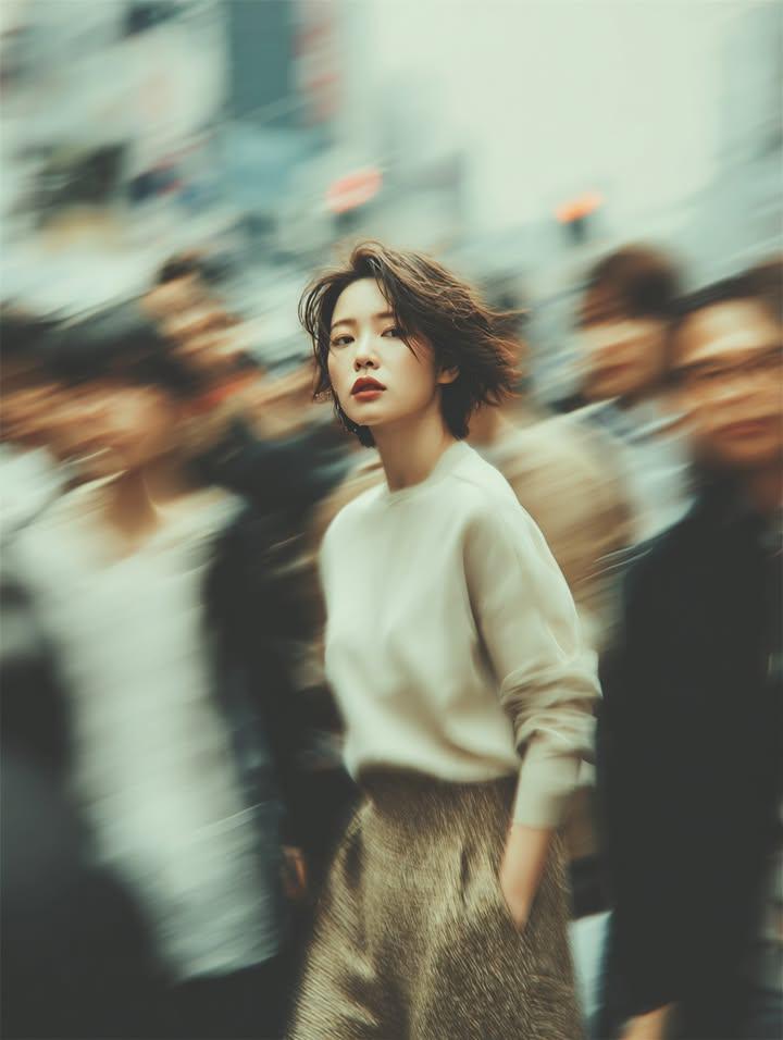 A cinematic street portrait of a young woman standing still in a busy u…