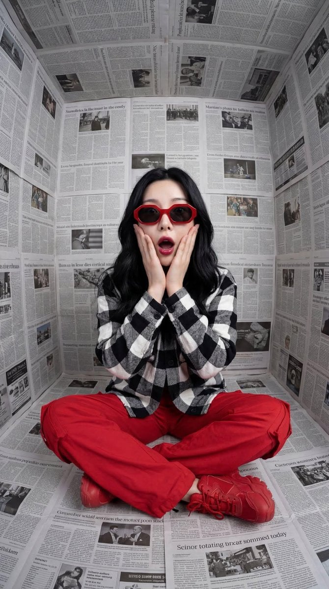 { "Objective": "Create a stylized fashion portrait with bold color cont…