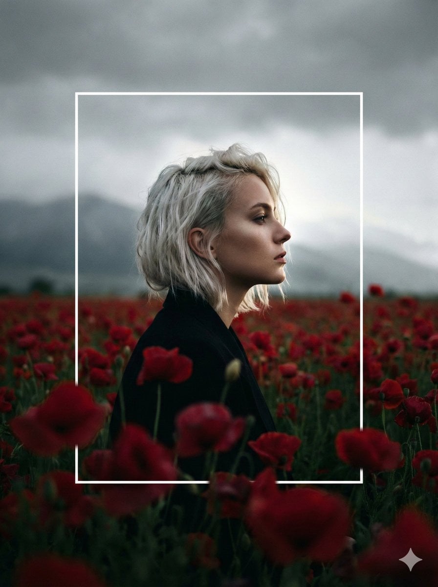 A cinematic, high-contrast profile portrait of a woman with short, plat…