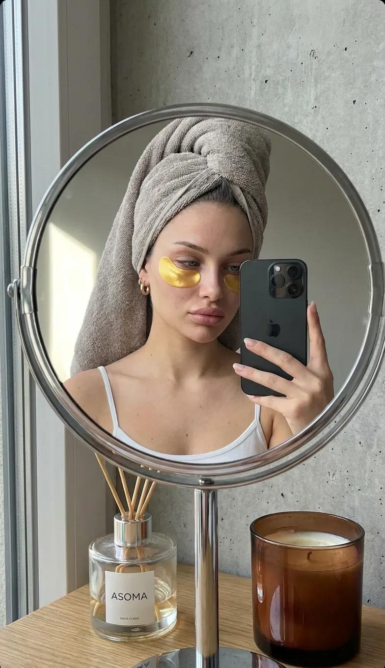 A highly realistic mirror selfie of a young woman taken through the ref…