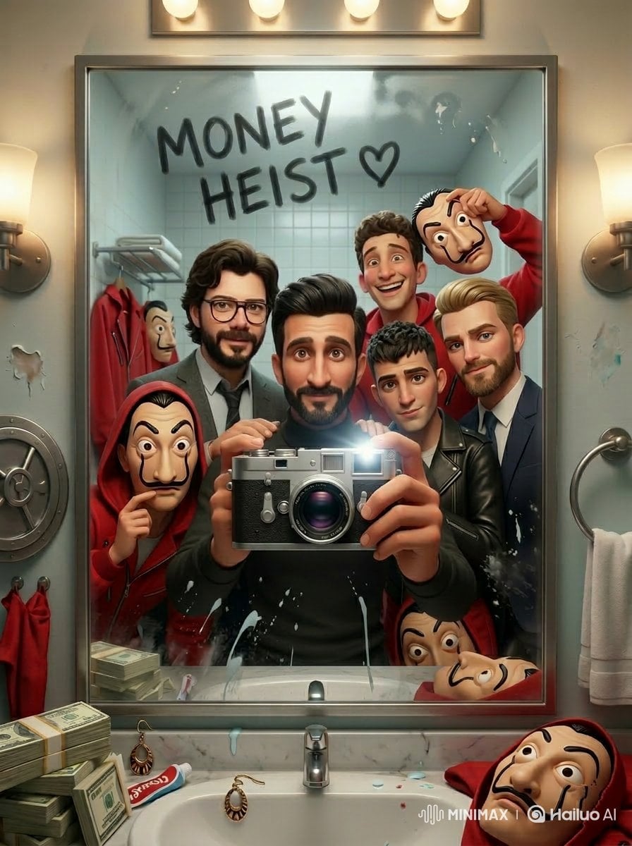 Cinematic mirror selfie scene inspired by a retro 80s sci-fi horror vib…