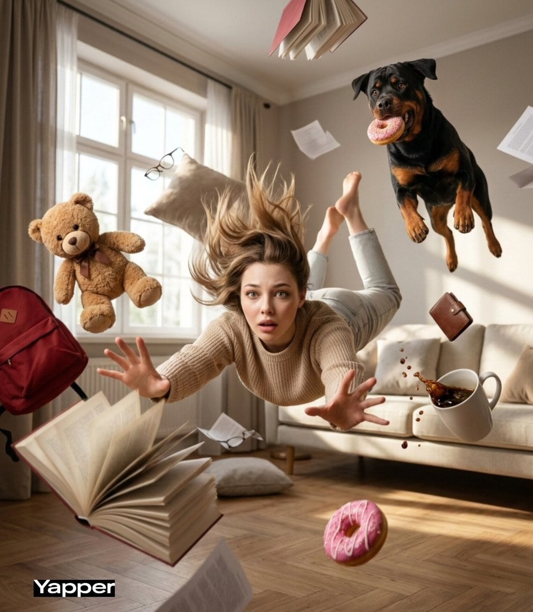 Cinematic surreal scene of a young woman falling forward through a swir…
