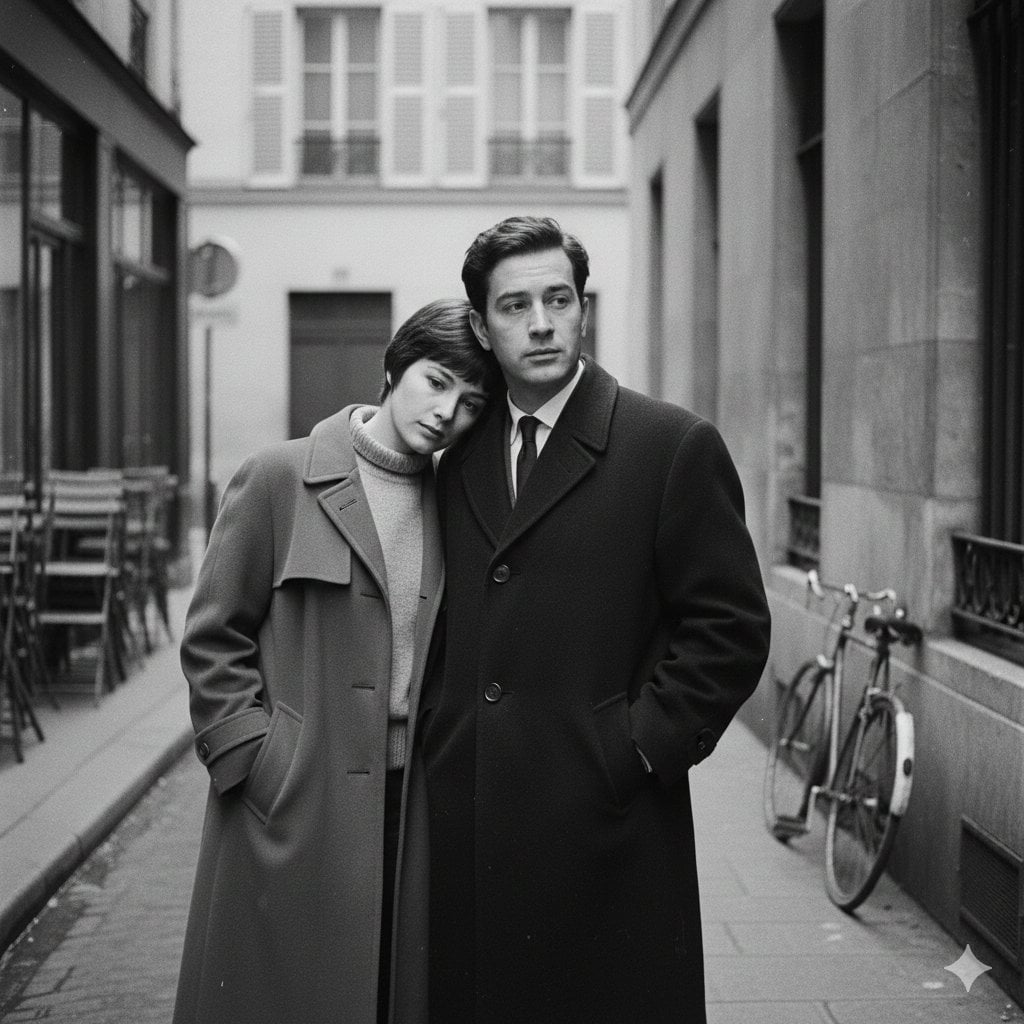 A French New Wave–style minimalist lovers scene, black and white, 1950s…