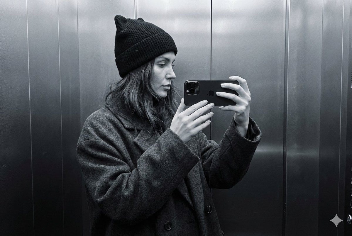 A photorealistic profile selfie, minimalist and monochrome: a woman in …
