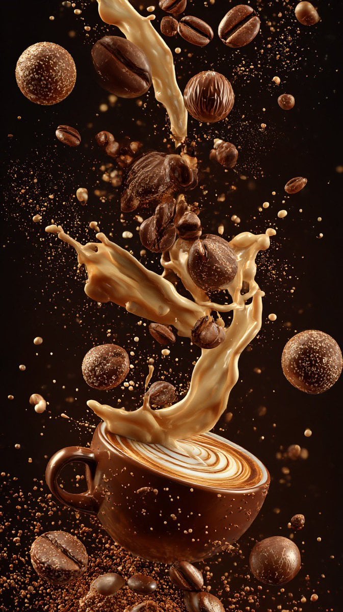 Ultra-cinematic vertical composition of coffee elements suspended in mi…
