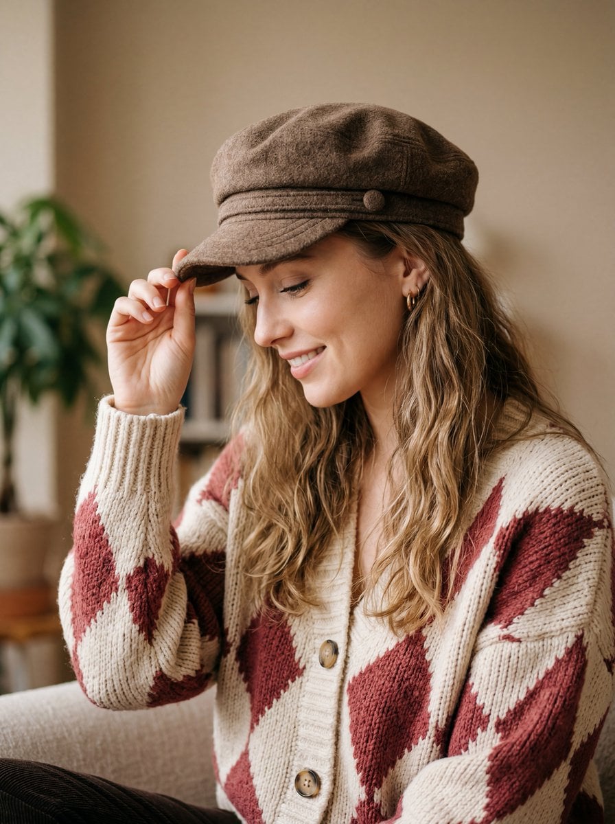 A warm, cozy, and high-quality portrait of a young woman with long, wav…