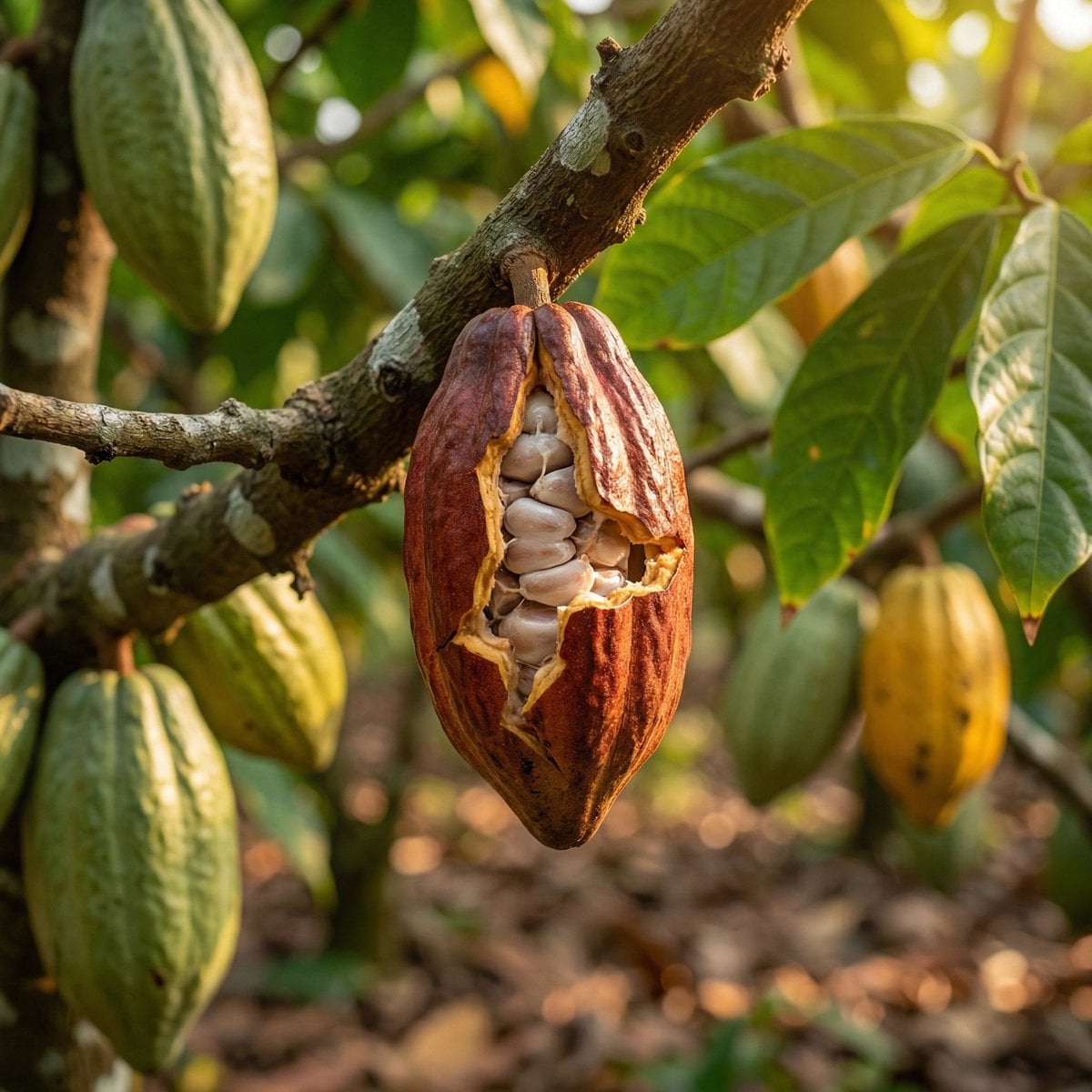 High-quality realistic commercial shot of a cocoa plantation in landsca…