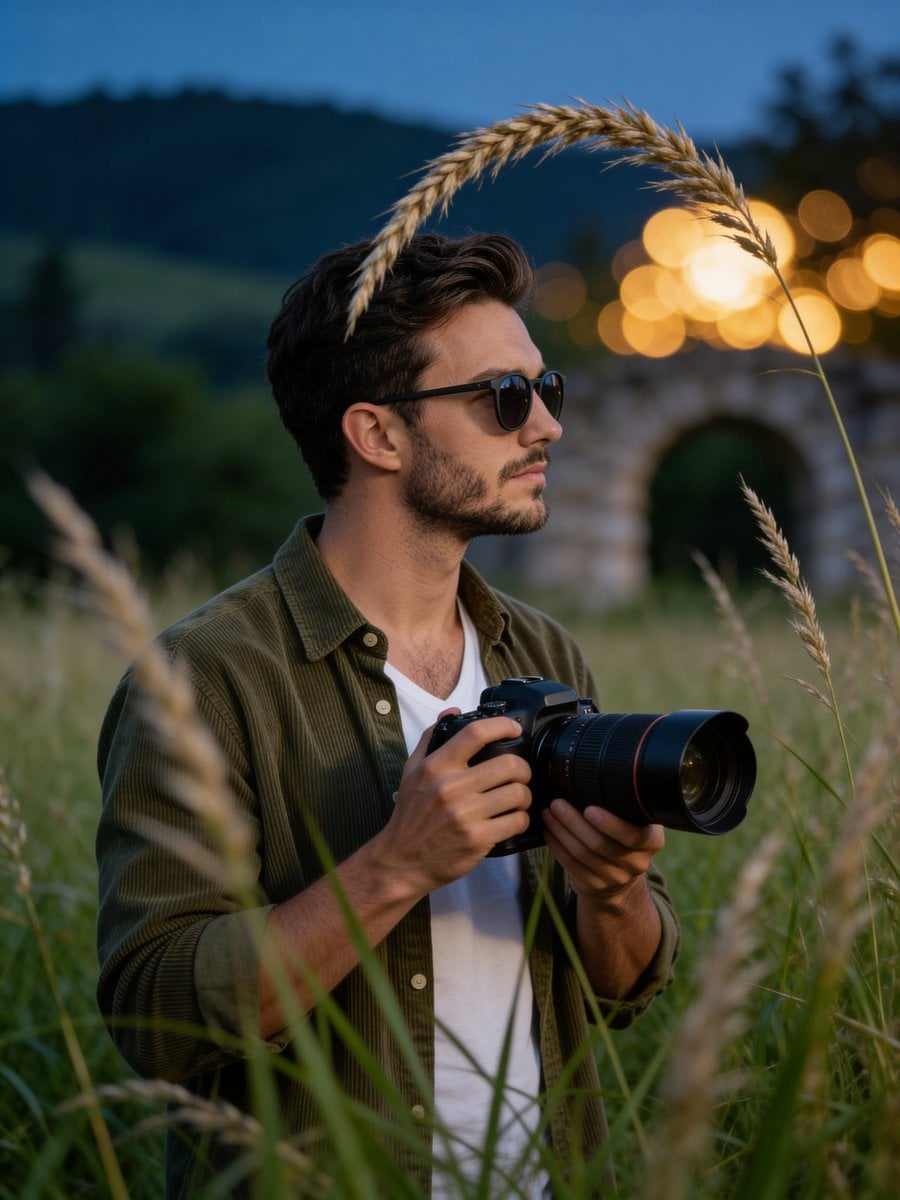 Cinematic medium shot of a young man with a trimmed beard and short bro…