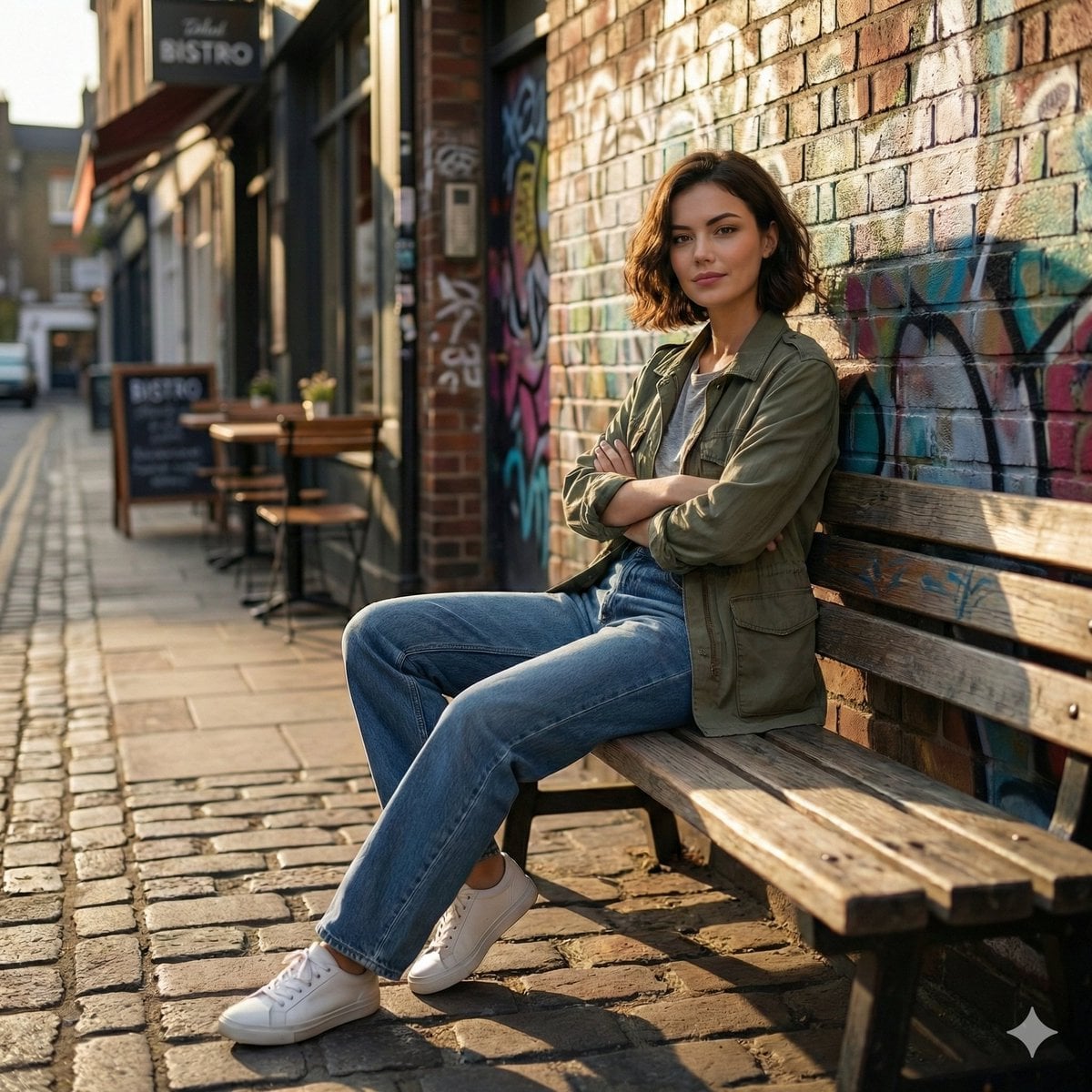 Cinematic realistic street scene, beautiful young woman with short wavy…