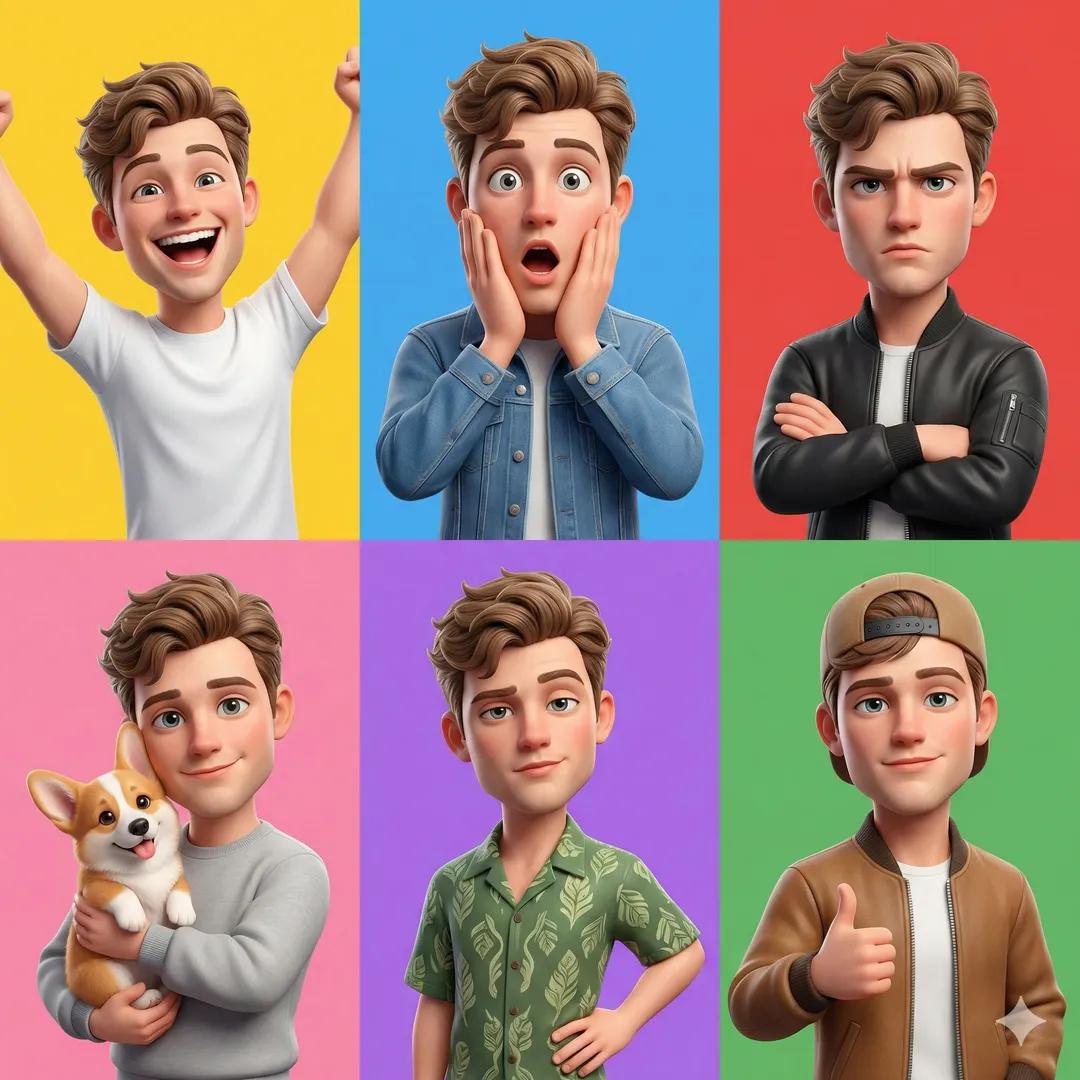 A 3D Pixar-style animated young male character showcased in a 6-panel g…
