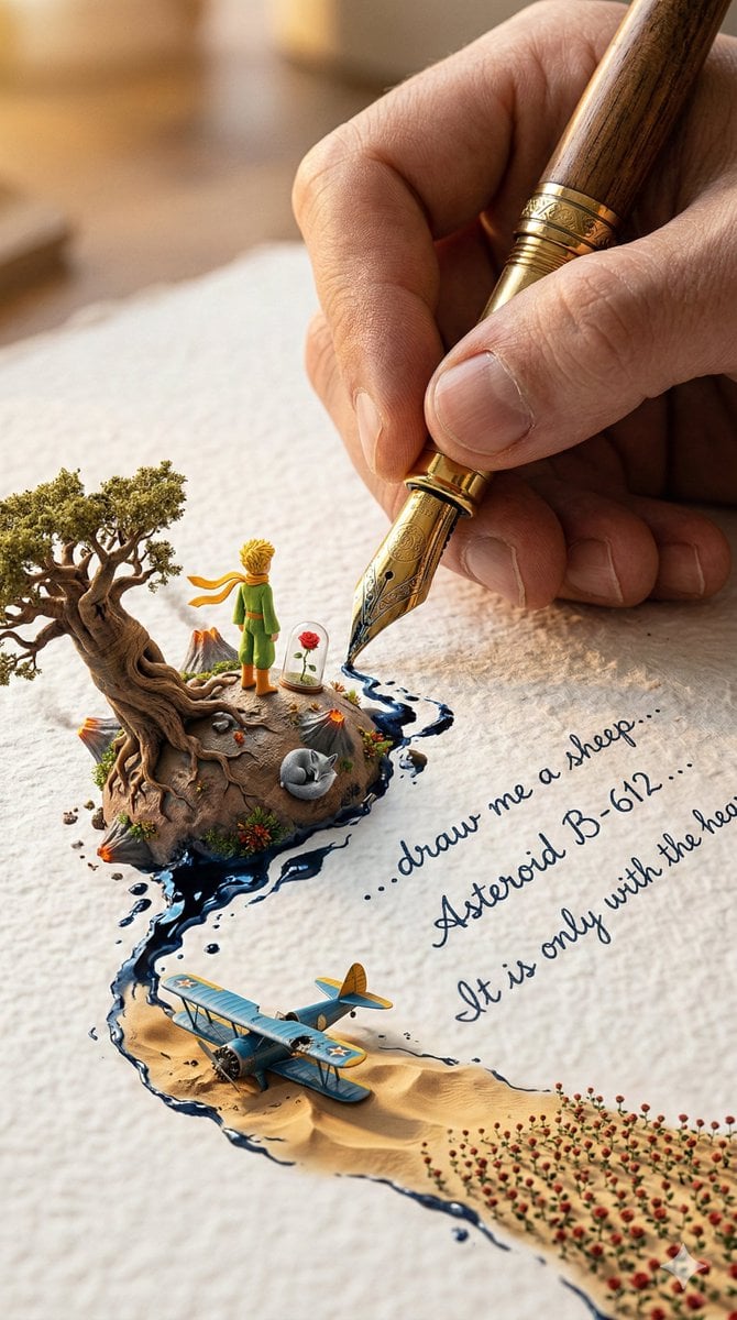 A colossal hand gripping an enormous vintage fountain pen, captured in …