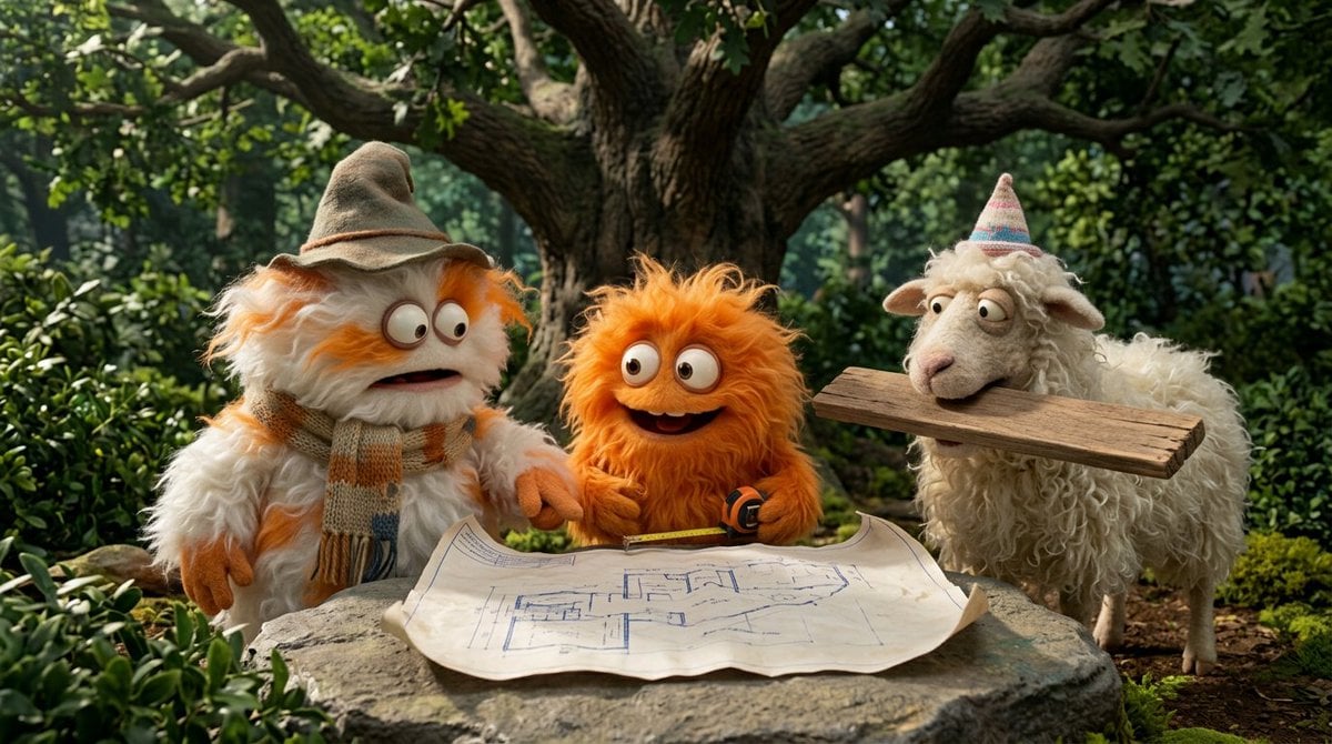Create a funny 4-part story featuring 3 fluffy creatures building a tre…