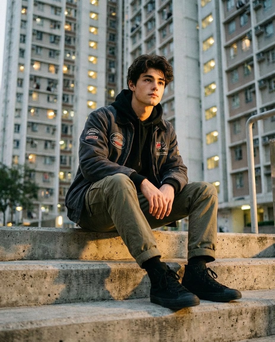 A stylish young man sitting confidently on raw concrete steps inside a …