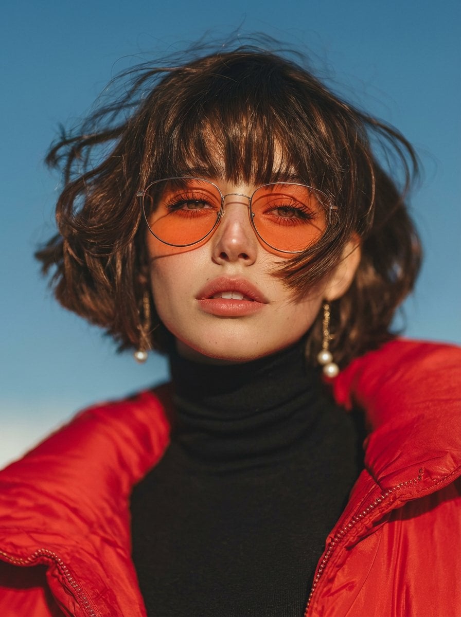 A cinematic fashion portrait of a young woman with a short wavy bob hai…