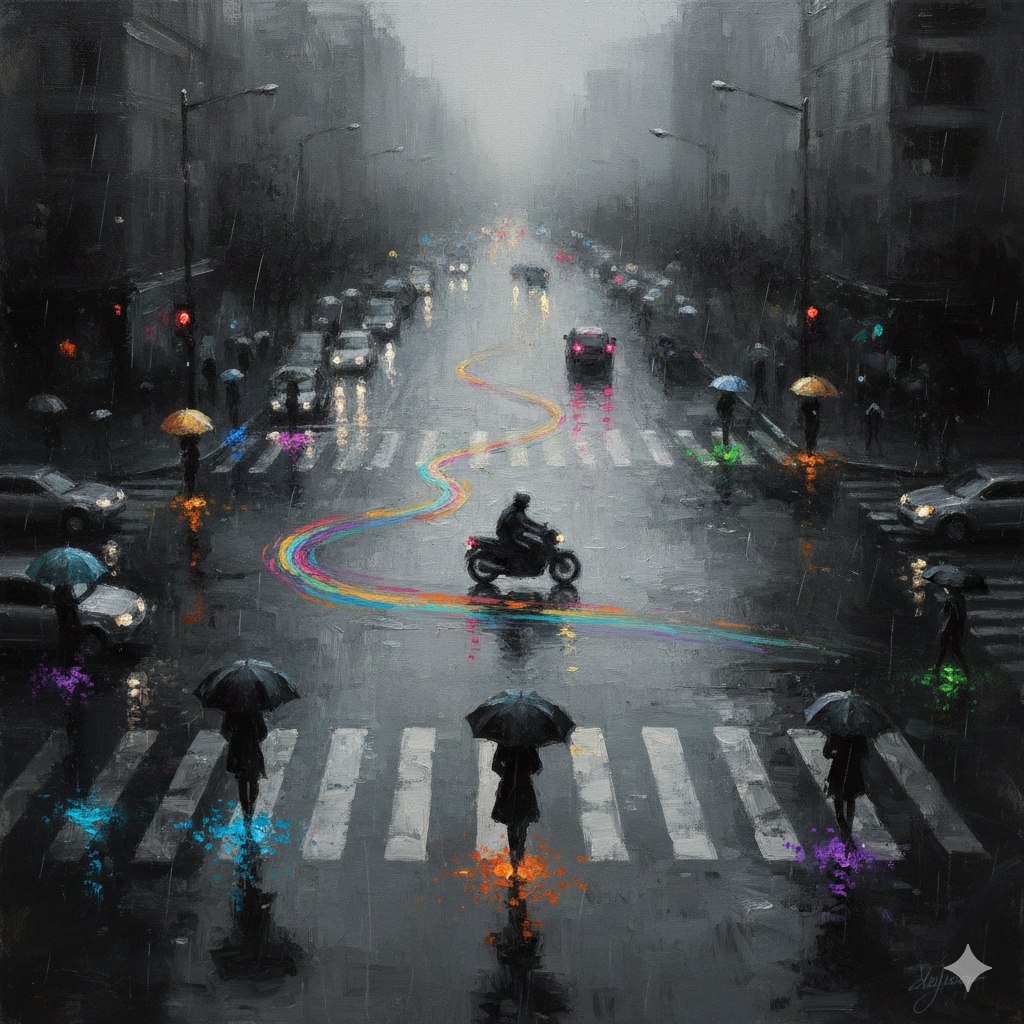 A high-angle, wide-composition Impressionist oil painting of a rainy ur…