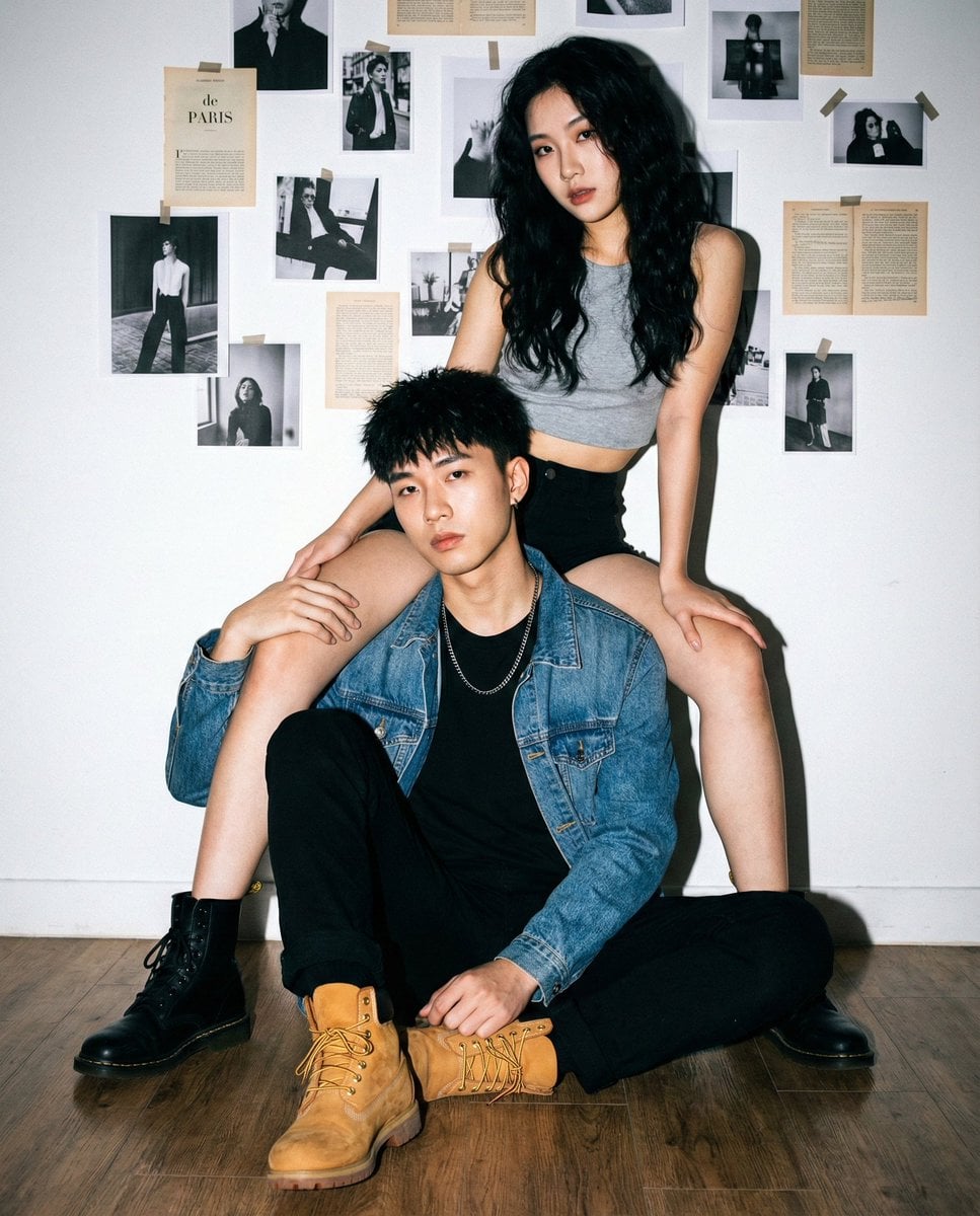 "Young Asian couple, cool/edgy fashion models.", "female_hair": "Long, …