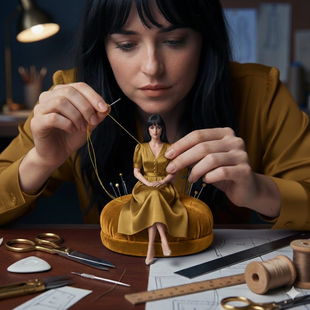 A cinematic fashion studio scene of a woman hand-sewing a miniature dre…