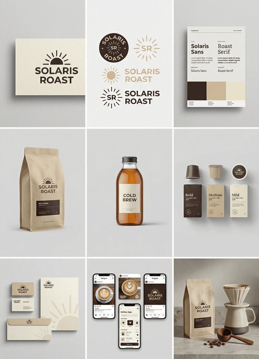 [brand name], complete brand identity grid, 3x3 layout, nine tiles show…
