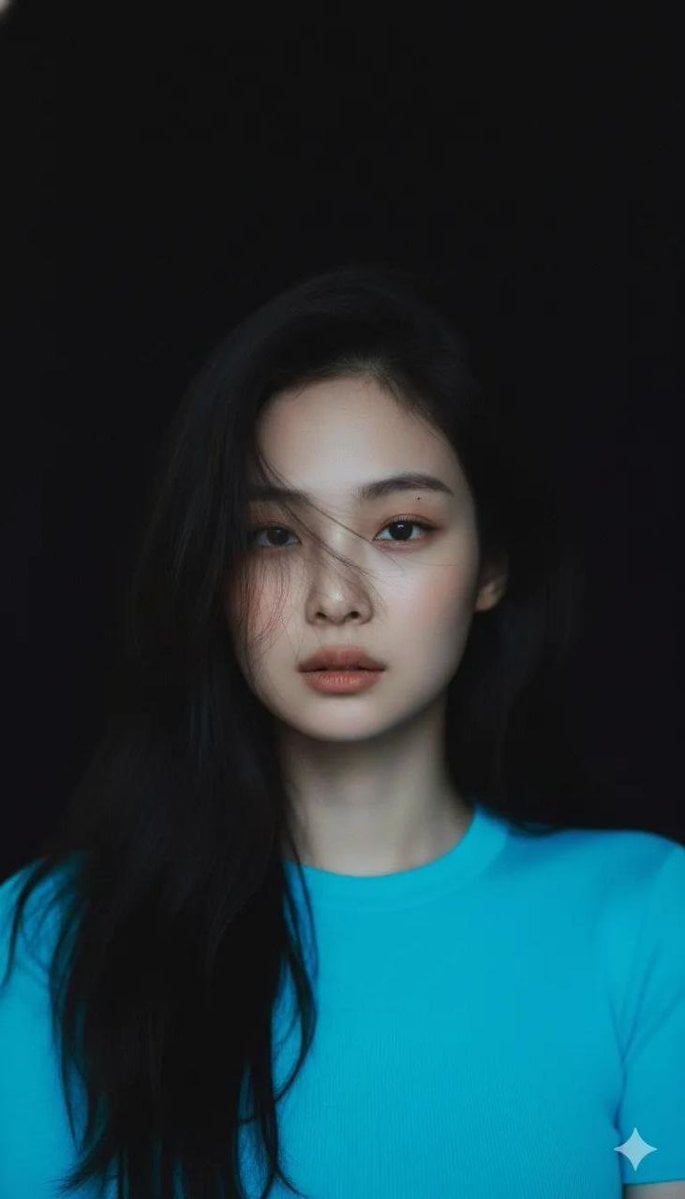 Create Moody cinematic portrait of a young woman with clear fair skin a…