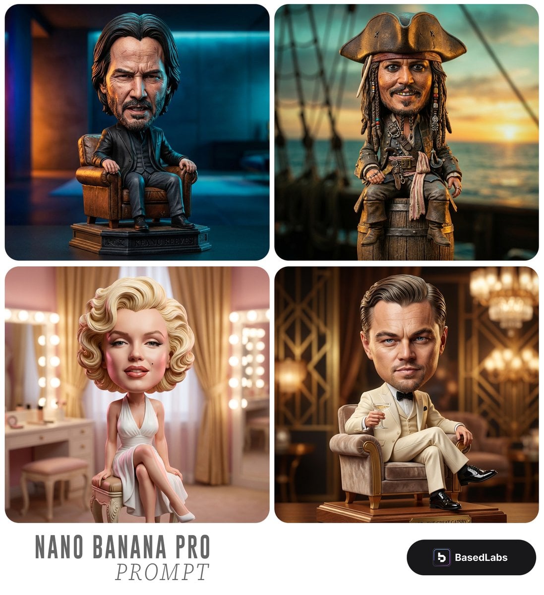 Highly detailed caricature figurine of [SUBJECT] as a cute but intense …