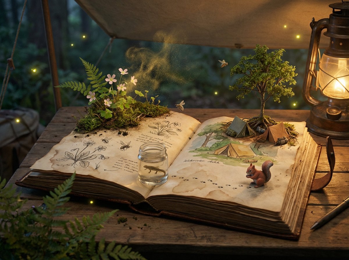 Epic 3D scene: a weathered field journal lies open on a naturalist's ca…